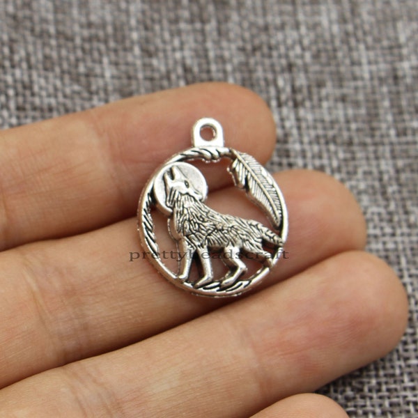 20 Large Howling Wolf Charms Pendants Wildlife Animal Wolves Charm Crafts Supplies Antique Silver Tone 21x25mm