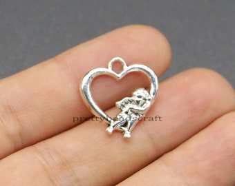 25 Heart Angel Charms Jewelry DIY Crafts Supplies Antique Silver Tone 18x20mm