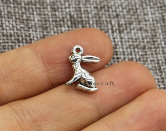35 Rabbit Charm Pendants  Easter Animal Bunny Hare Charms Antique Silver Tone 10x16mm