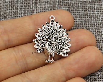 15 Peacock Charms Pendants Bird Zoo Charm Crafts Supplies Antique Silver Tone 23x29mm