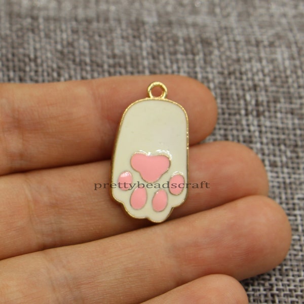 2 Large Cat or Bear Paw Print Charm Pendants Gold Plated Enamel Charms 16x28mm