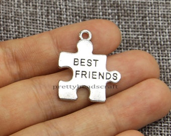 12 Best Friends Puzzel Piece Jigsaw Charm Pendants Crafts Supplies Antique Silver Tone 24x27mm
