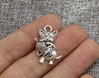 15pcs Kitten and Yarn Ball Charm Cat Pet  Animal Play Cute Charm DIY Bracelet Jewelry Making Craft Antique Silver Tone 23x31mm