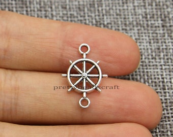 50 Sailor Ship Wheel Connector Charms Pendants Nautical Jewelry Making Charms Wholesale Bulk Antique Silver Tone 15x21mm