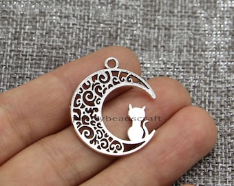 Ciondolo Con Luna In Legno. Gatto E Decori In Fimo Con Aggiunta Di - Foto 7