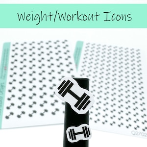 May include: Two sheets of white sticker paper with black dumbbell icons. The stickers are arranged in a grid pattern. The text "Weight/Workout Icons" is printed at the top of the image.