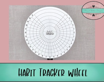 Pode incluir: Uma roda circular de rastreamento de hábitos branca com linhas pretas e números de 1 a 30. O centro da roda tem o texto "habit TRACKER" em preto.