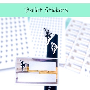 May include: A sheet of ballet dancer stickers featuring a black silhouette of a dancer in a tutu. The stickers are on a white background and are arranged in rows. The stickers are ideal for adding a touch of elegance to your planner, journal, or laptop.