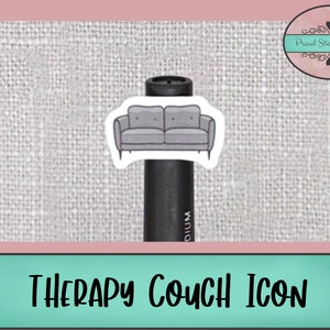 Puede incluir: Una pegatina de un sofá gris en un bolígrafo negro. La pegatina es una ilustración simple de un sofá con dos cojines. El texto "THERAPY COUCH ICON" está debajo de la imagen.