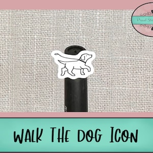 Puede incluir: Ilustración en blanco y negro de un perro con una correa. La imagen es una pegatina sobre un fondo negro. El texto "WALK THE DOG ICON" está debajo de la imagen.