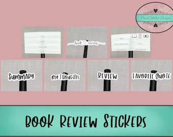 Może przedstawiać: Zestaw sześciu czarno-białych naklejek do recenzji książek. Naklejki zawierają słowa "book review", "summary", "my thoughts", "review", "favorite quote" oraz pusty formularz recenzji książki.