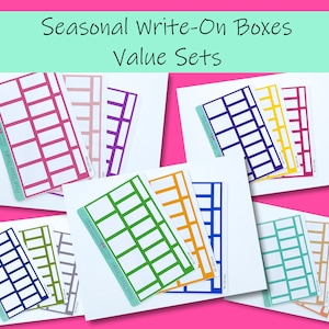 May include: A set of colorful write-on boxes for organizing and planning. The boxes are in various colors, including pink, green, blue, yellow, and orange. Each box has a grid pattern and is labeled with the word "Seasonal".