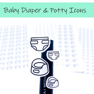 May include: A sheet of stickers with black and white illustrations of baby diapers and potty chairs. The stickers are on a black marker.