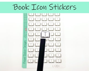 May include: A sheet of white sticker paper with a grid of 60 gray book icon stickers. The stickers are arranged in 10 rows of 6 stickers each. The sheet is labeled "Book Icon Stickers" at the top and "L1201" at the bottom.
