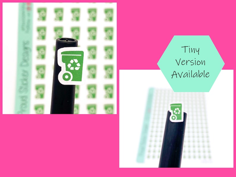 Pode incluir: Uma folha de adesivos de lixeiras de reciclagem verdes com contorno branco e uma roda preta. Os adesivos est&atilde;o sobre um fundo branco. O texto "Tiny Version Available" est&aacute; em um hex&aacute;gono turquesa.