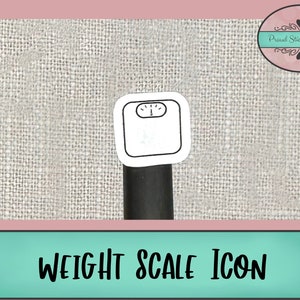 May include: A white weight scale icon sticker with a black outline. The sticker is on a textured, light brown surface.