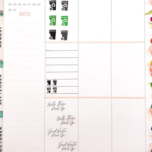 Pode incluir: Uma agenda com um design floral e argolas coloridas. A agenda tem abas para agosto, setembro e outubro. A agenda tem uma se&ccedil;&atilde;o de notas com uma lista de datas e um lembrete para a recolha de itens volumosos e res&iacute;duos de jardim.