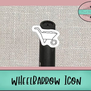 Op de afbeelding: Een zwart-witte lijntekening van een kruiwagen met een hoop aarde erin. De afbeelding staat op een witte sticker.