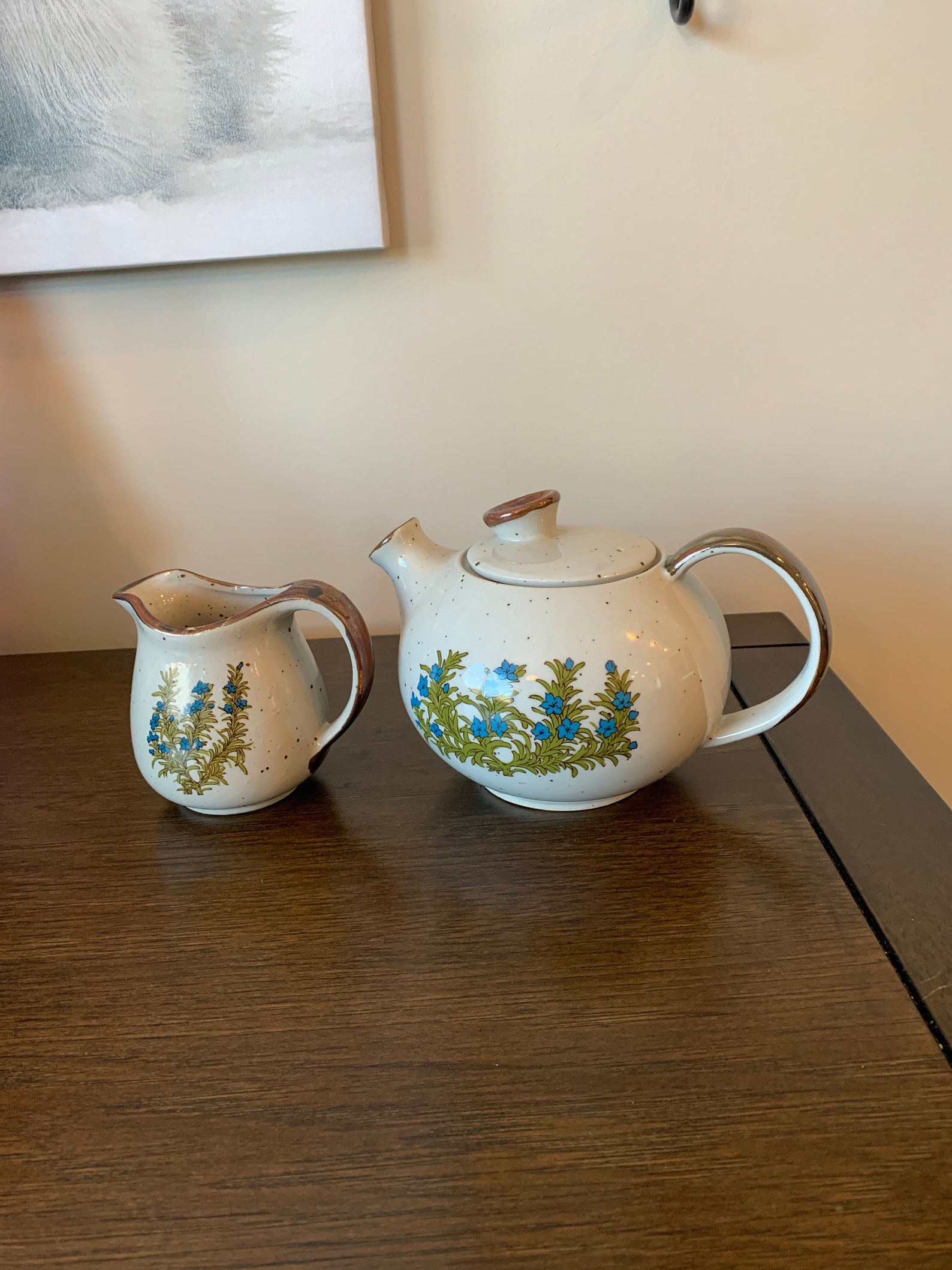 Vtg Speckled Pottery Teapot and Creamer. Blue Floral Motif. Etsy