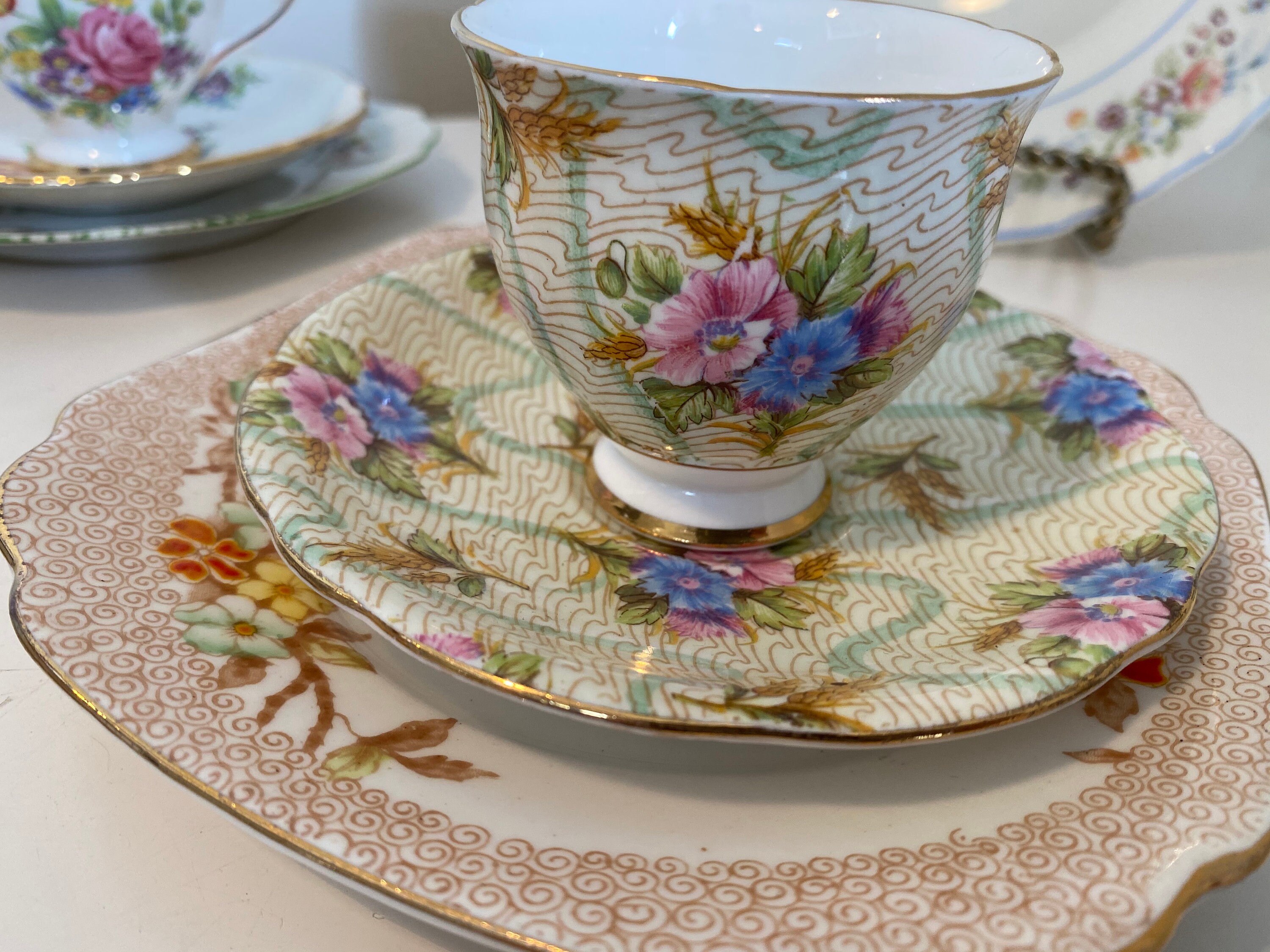Mismatch High Tea Vintage Bone China Coffee Cup, Saucers, Side Plates and Buscuit Plate - Made in England