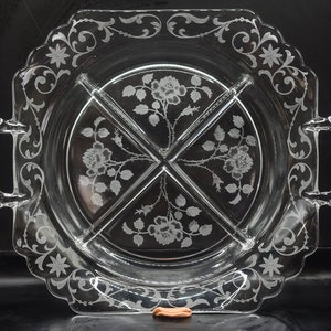 Vintage Etched Glass Serving Plate - Relish Dish