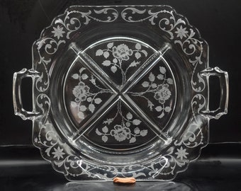 Vintage Etched Glass Serving Plate - Relish Dish