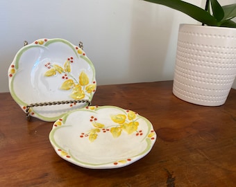 Pair of Thorley China Hand Painted English Bone White Side Dish Yellow Leaves and Red Berries, Made in England