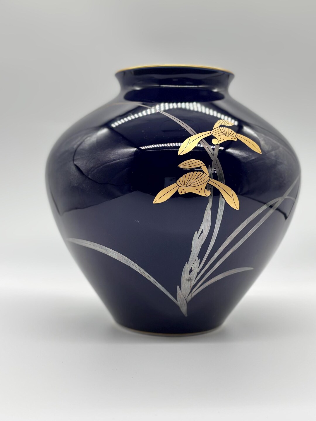Koransha Flower Vase With Gold and Silver Orchid Decoration 香蘭社