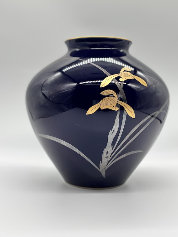 Koransha Flower Vase With Gold and Silver Orchid Decoration 香蘭社