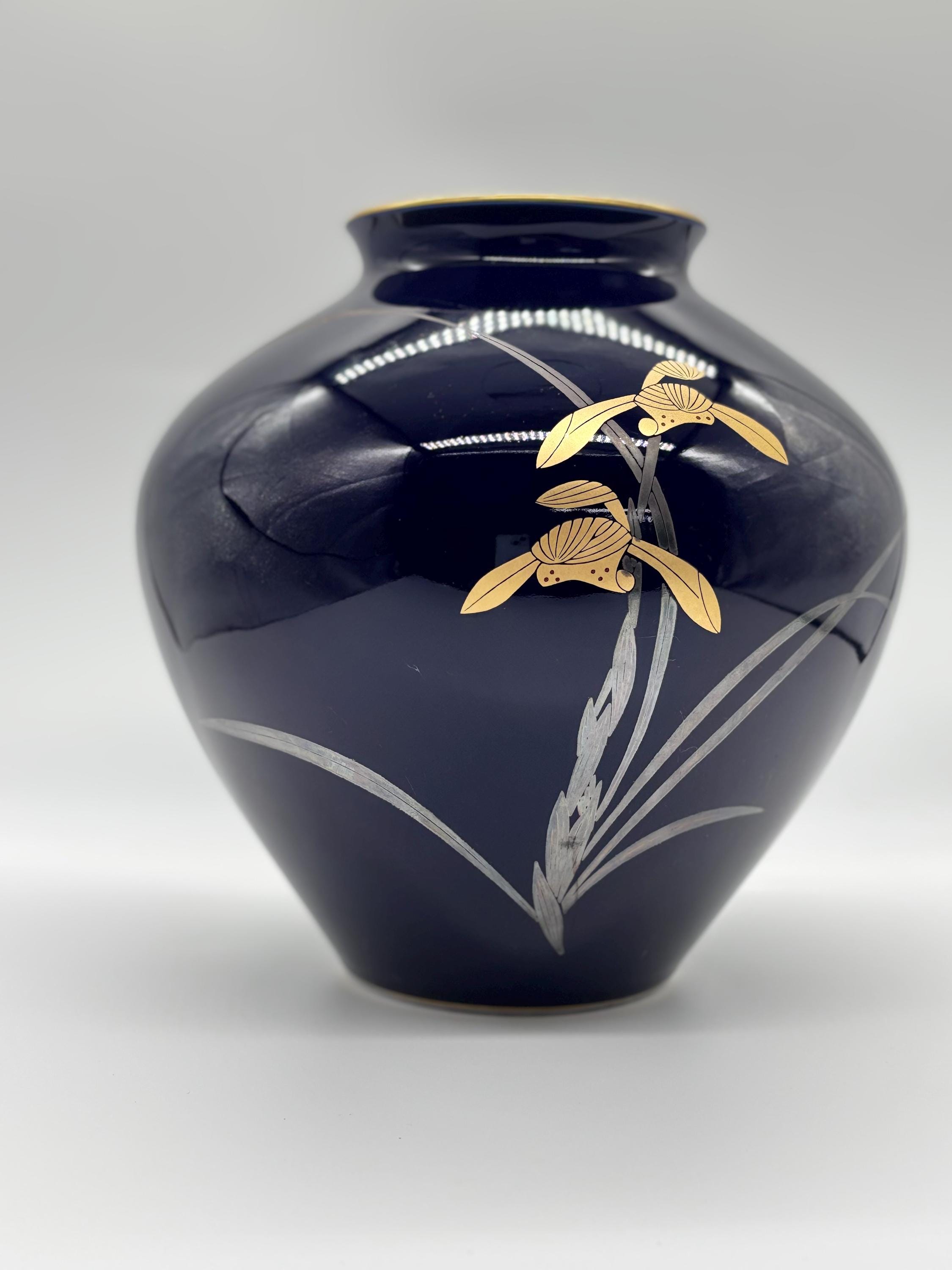 Koransha Flower Vase With Gold and Silver Orchid Decoration 香蘭社