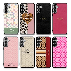 May include: A collection of eight phone cases featuring various designs. The cases showcase the Coach logo and patterns, including the signature "C" logo, leopard print, and solid colors like black and pink. Each case has a black border.