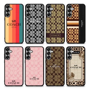 May include: A collection of eight phone cases with various designs. The cases feature the "COACH" logo and branding. Designs include vertical stripes, repeating patterns, and a butterfly motif. Colors include red, orange, brown, pink, and black.