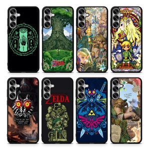 May include: A collection of black phone cases featuring various designs from the Legend of Zelda series. Designs include a tree, characters, and symbols in vibrant colors. The cases are made of a durable material and offer protection for the phone.