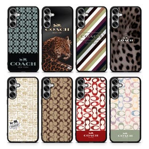 May include: A collection of eight phone cases featuring various designs. The cases display patterns like the Coach logo, animal prints, and stripes. Each case has a black border and the Coach logo is visible on several cases.