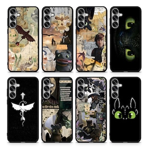 May include: A collection of eight phone cases featuring various designs inspired by the movie "How to Train Your Dragon." The cases showcase dragons, characters, and themed collages in a variety of colors.