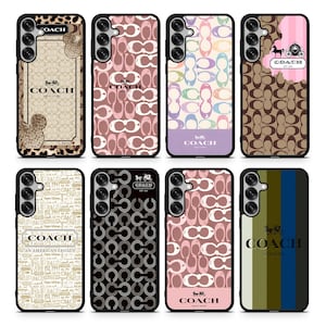 May include: A collection of eight phone cases featuring various designs and the Coach logo. The cases showcase patterns like the Coach logo print, stripes, and animal print. Each case has a black border and a camera cutout.