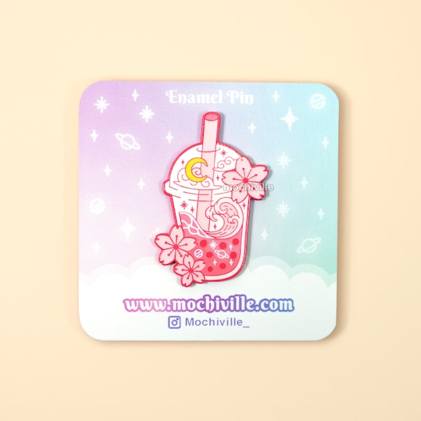 Pink Sakura Bubble Tea Enamel Pin | Soft Enamel with Epoxy | Cherry Blossom Themed | Pink Aesthetic | Boba Tea