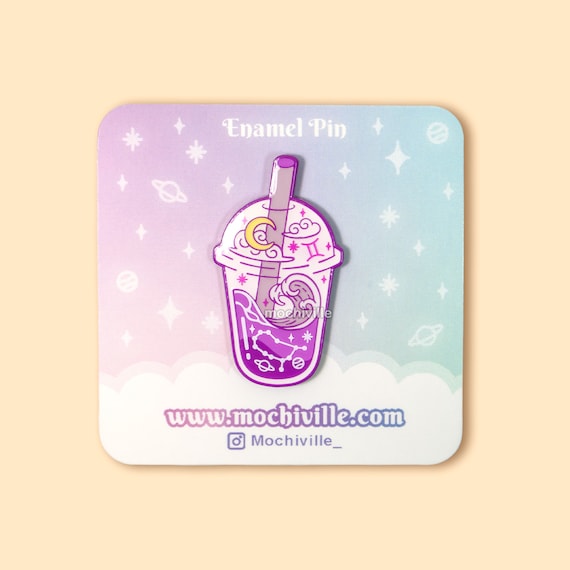 Gemini Horoscope Bubble Tea Enamel Pin | Soft Enamel with Epoxy | Purple Themed | Star Signs | Boba Tea