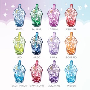 Peut inclure: Douze tasses de bubble tea illustr&eacute;es, chacune repr&eacute;sentant un signe du zodiaque diff&eacute;rent. Les tasses sont remplies de motifs color&eacute;s et pr&eacute;sentent une lune croissante et des &eacute;toiles. Les signes du zodiaque sont B&eacute;lier, Taureau, G&eacute;meaux, Cancer, Lion, Vierge, Balance, Scorpion, Sagittaire, Capricorne, Verseau et Poissons.