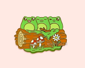 Froggie Friends Enamel Pin | Frogs Sitting On Tree Log | Cute kawaii Adorable Animal Nature Toad Cottagecore | Gift Idea | Hard Lapel Pin