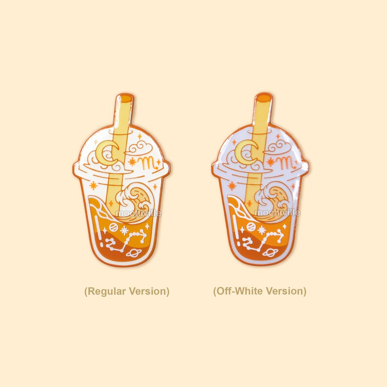 Peut inclure: Deux &eacute;pingles en &eacute;mail repr&eacute;sentant un gobelet de boba tea avec une paille, des nuages, une lune croissante et des &eacute;toiles. L'&eacute;pingle de gauche est une version normale avec une paille jaune et un boba tea orange. L'&eacute;pingle de droite est une version blanc cass&eacute; avec une paille blanche et un boba tea blanc.
