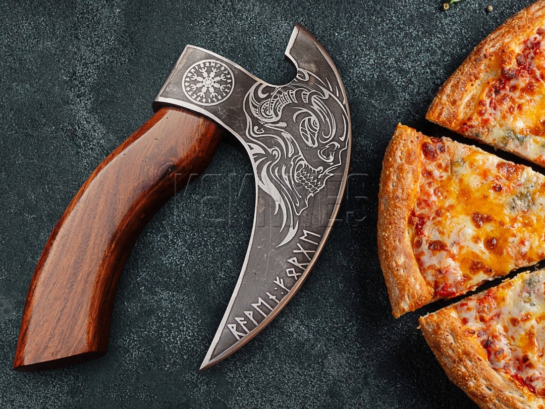 Handmade Viking Pizza Cutter Axe With Leather Sheath, Viking Pizza Axe