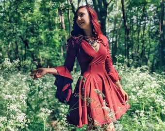 Red Elven Renaissance Cotton Gown with Bell Sleeves