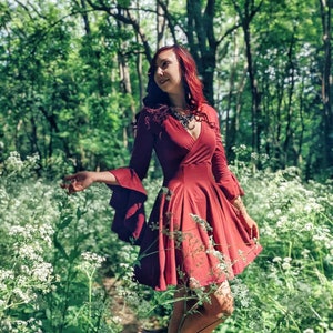 Red Elven Renaissance Cotton Gown with Bell Sleeves