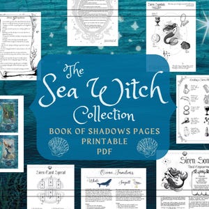 May include: A collection of printable Book of Shadows pages with a sea witch theme. The pages feature illustrations of mermaids, shells, and other ocean-related imagery. The text includes information on siren symbols and ocean familiars.