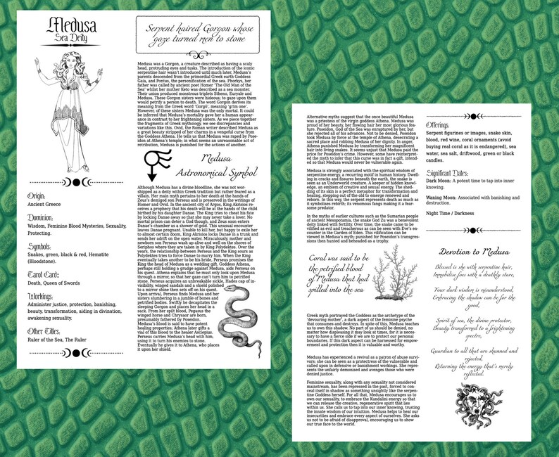 May include: A printable information sheet about Medusa, a Greek mythological figure, with a black and white illustration of her head with snakes for hair. The text describes her origin, powers, and symbolism.