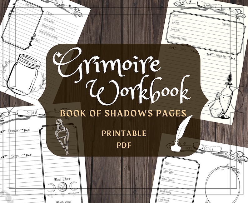 Puede incluir: Un cuaderno de trabajo de grimorio en PDF imprimible con p&aacute;ginas para hechizos, pociones y hierbas. La portada presenta el texto "Grimoire Workbook Book of Shadows Pages" en escritura elegante, junto con ilustraciones de tarros y botellas.
