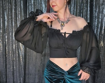 Gothic Chiffon Puff Sleeve Crop Top - Handmade Witch Blouse
