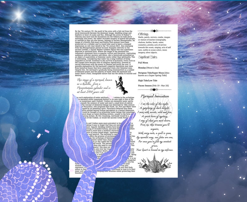 Puede incluir: Una ilustraci&oacute;n vintage de una sirena con una cola azul y una corona de perlas. El texto dice: "Yo soy la que pertenece a la noche, Una sinfon&iacute;a de oscuro deleite, Yo soy con la escritura, salvaje y libre, Un esp&iacute;ritu nacido del misterio, Canto de lo que debes adivinar, De este tesoro adquirir&aacute;s, Con cada nota, un hechizo se teje, Por la canci&oacute;n a la luz de la luna, nuestros destinos son uno, Porque una vez que caigas, mi m&aacute;s bella, Tu coraz&oacute;n est&aacute; atado en mi abrazo."