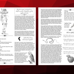 Pu&ograve; includere: Lilith, Regina della Notte, &egrave; raffigurata come una figura oscura e potente con un serpente avvolto attorno a lei. Il testo la descrive come la prima donna, un demone succubo e un'incantatrice della notte. L'immagine include anche un simbolo di luna nera, una mela rossa e un gufo bianco.